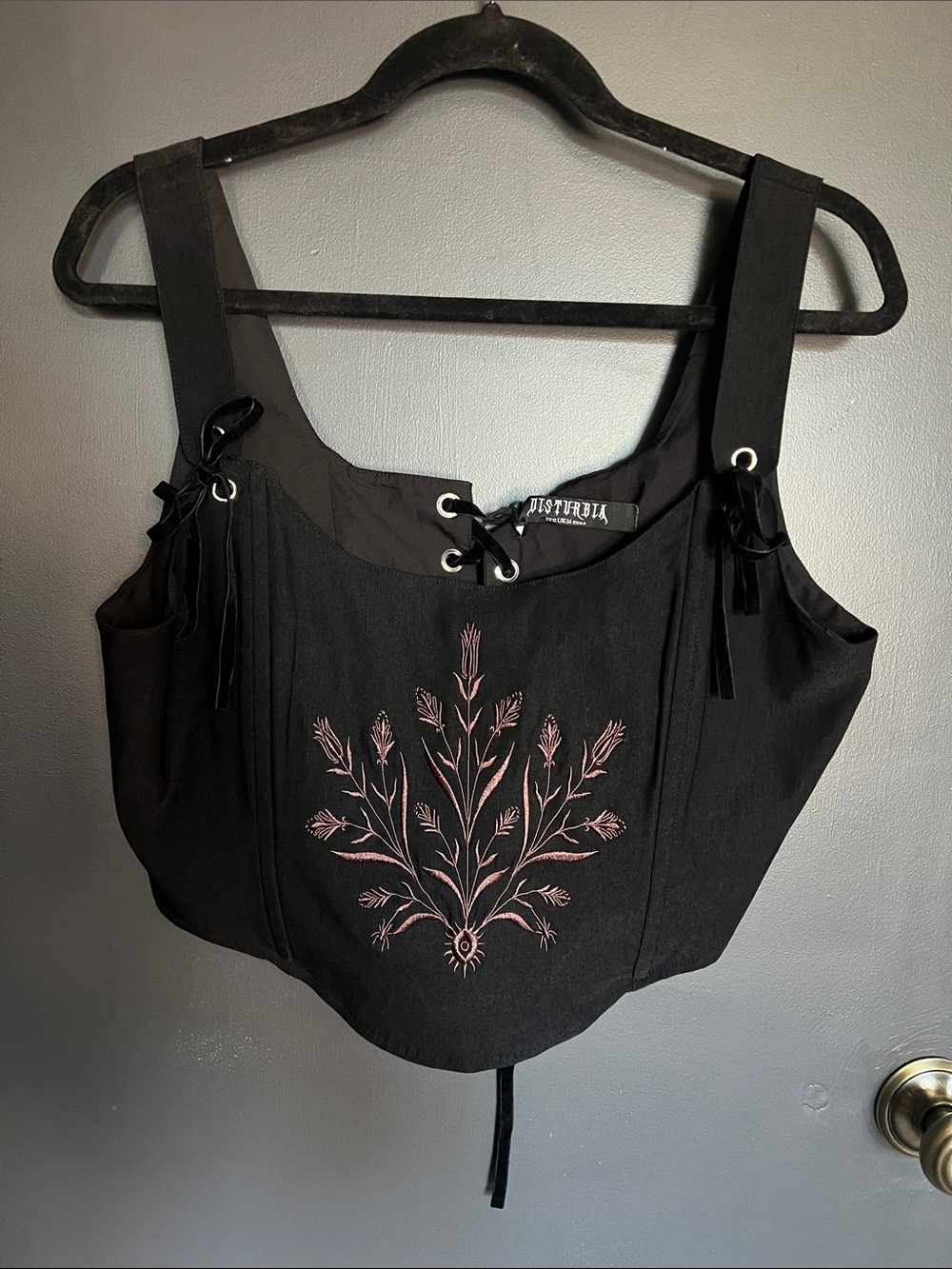 Disturbia NWT Black Embroidered Gothic Crop Corset Top